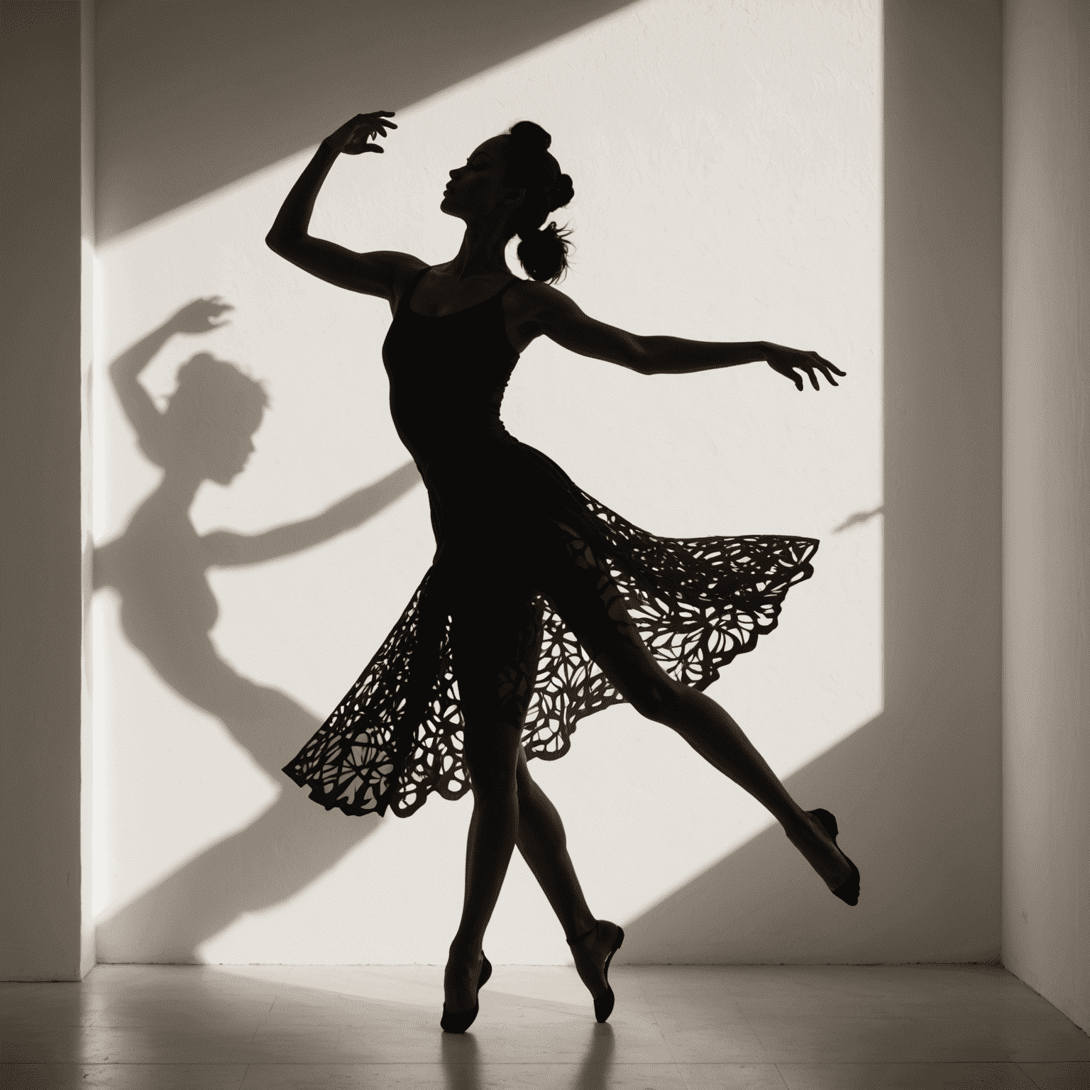 A silhouette of a dancer casting intricate shadow shapes on a stark white wall, demonstrating the art of shadow projection