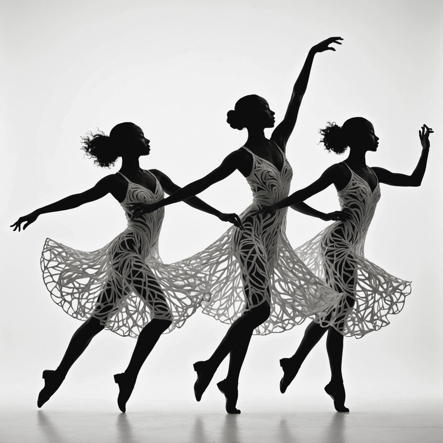Silhouettes of dancers moving in perfect synchronization, their fluid forms creating intricate patterns against a stark white background