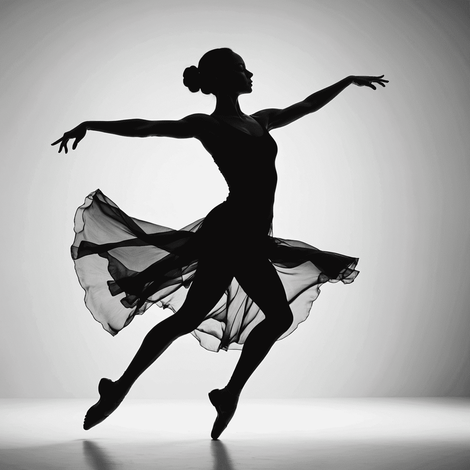 A silhouette of a dancer gracefully moving against a stark white background, casting intricate shadows that seem to dance alongside them. The image showcases the contrast between light and dark, emphasizing the fluidity and elegance of the dancer's form.