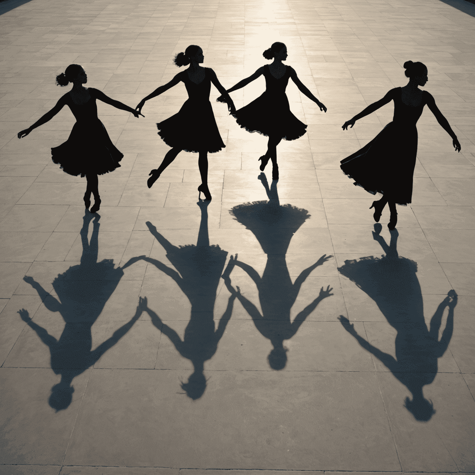 Multiple dancers in perfect synchronization, their shadows blending seamlessly on a reflective surface