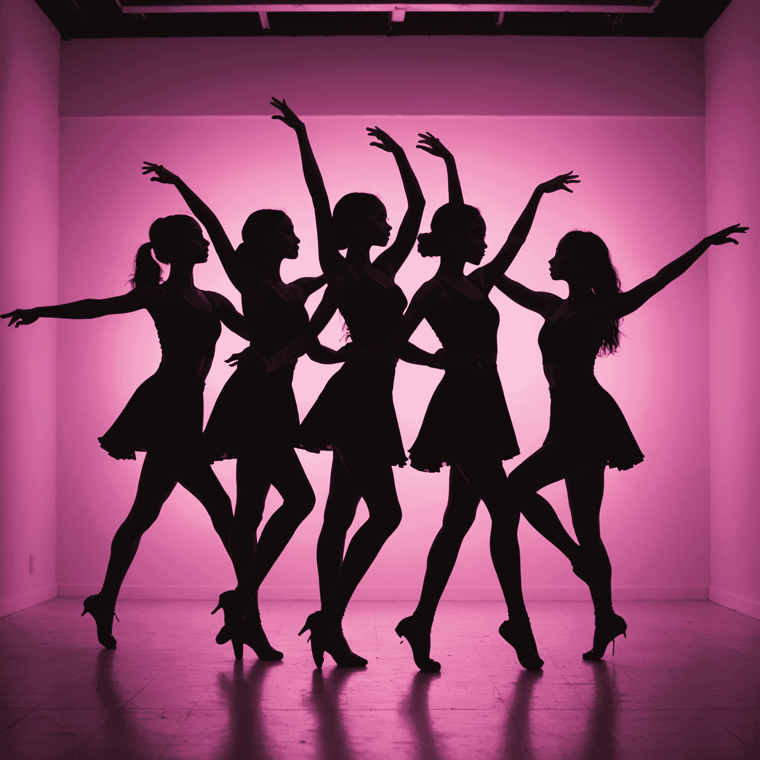 A group of dancers in silhouette practicing synchronized movements, their graceful forms creating a mesmerizing contrast against a bright, neon-lit studio