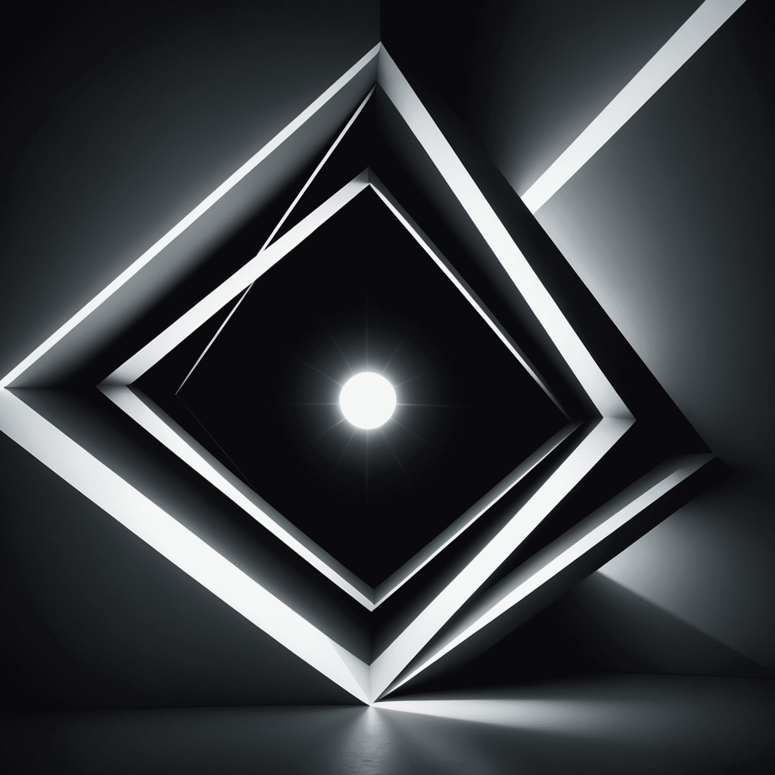 A series of abstract geometric shapes created by light and shadow, showcasing the manipulation of light sources. The image displays a futuristic feel with sharp contrasts between illuminated areas and deep shadows, emphasizing the mystery and elegance of light control.