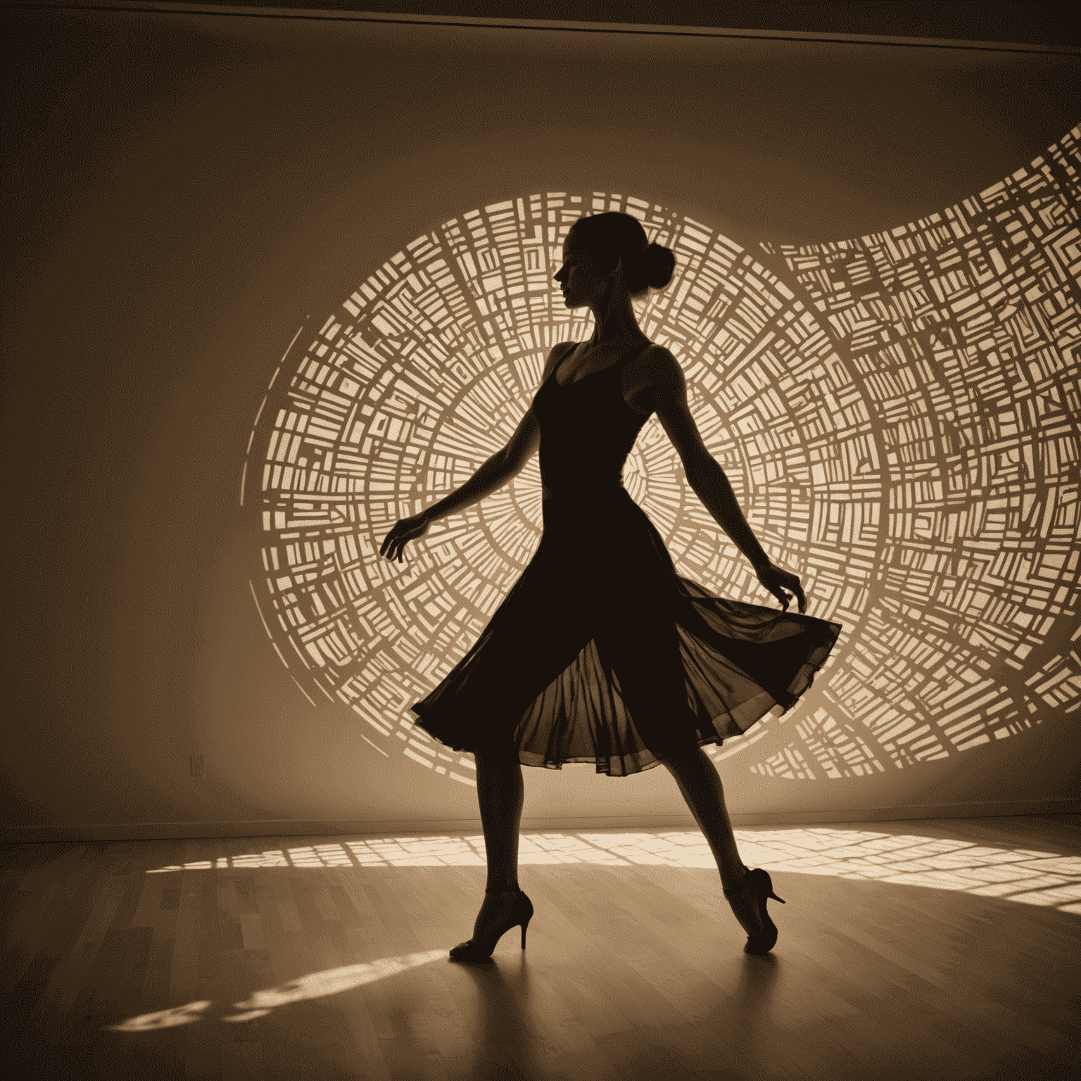 A dancer manipulating multiple light sources to create complex shadow patterns on a curved wall