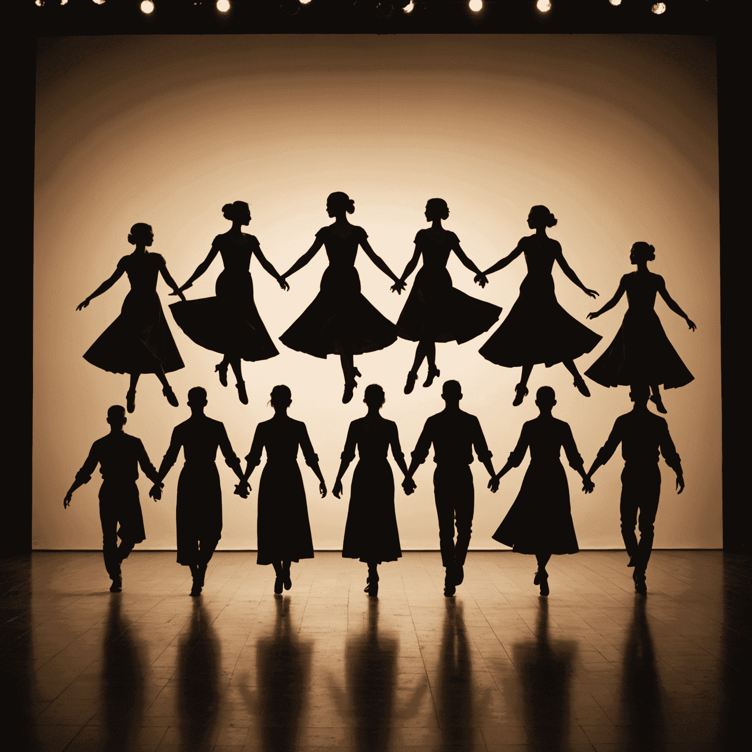 A breathtaking shadow dance performance on stage, with multiple dancers creating complex, synchronized shapes that seem to defy gravity