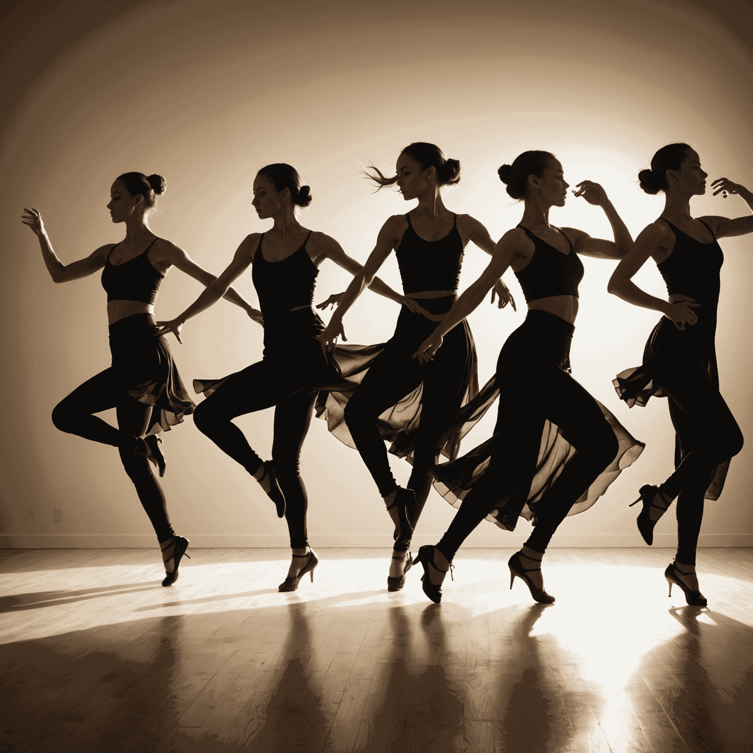 A group of dancers performing a dynamic shadow dance routine with flowing movements and striking poses