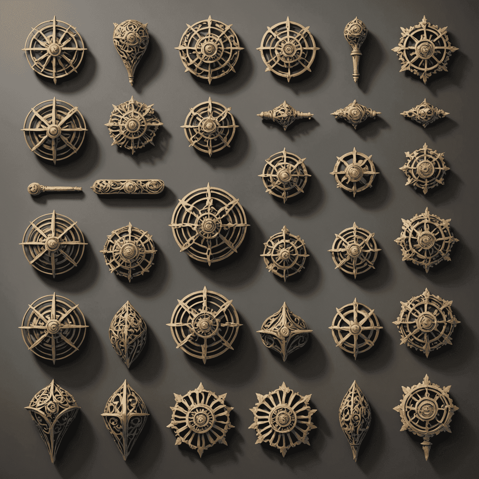 An array of intricately designed props casting complex shadow patterns, showcasing the art of shadow prop crafting